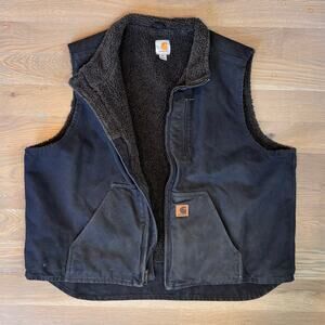 Carhartt Duck Work Vest Sherpa Lined Heavy Canvas Washed Black Mens Size 2XL